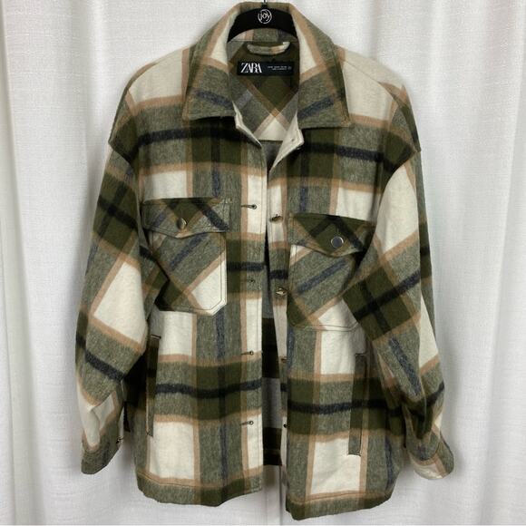 Zara Blogger Favorite Green&Beige Wool Blend Plaid Shacket Sz.M - Picture 6 of 15